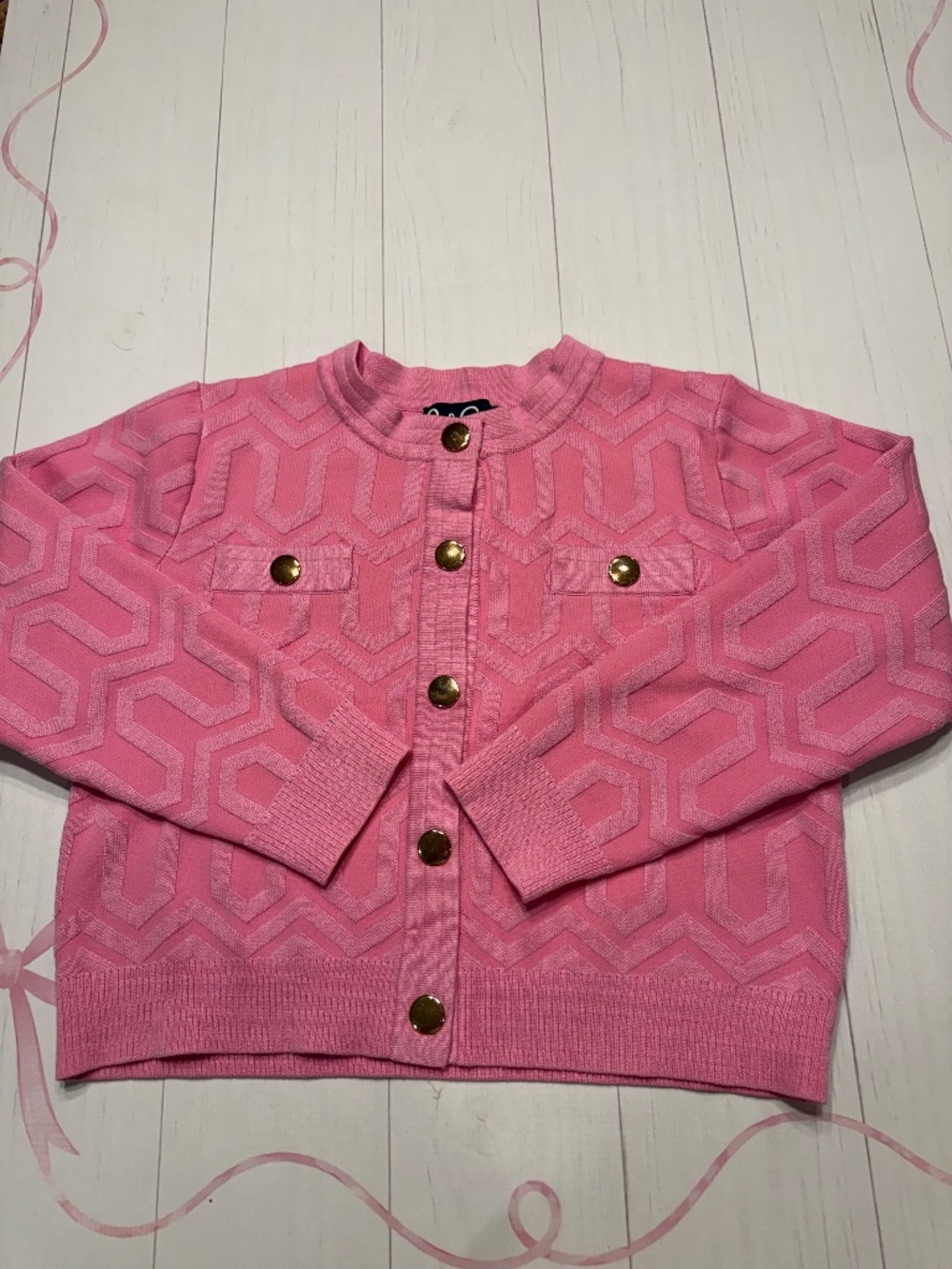 Lesley Evers Pink Textured Geometric Knit Cardigan Size M